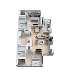 A 3D floor plan of a house with a kitchen, living room, and bedrooms.