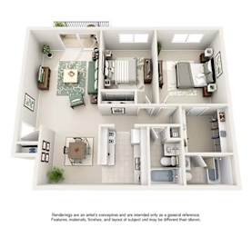 A drawing of a house layout with a kitchen, living room, and bathroom.
