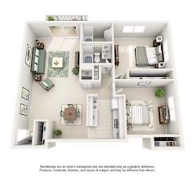 A drawing of a house layout with a kitchen, living room, and bathroom.