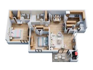A top-down view of a well-furnished apartment.