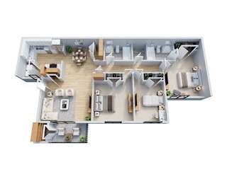 A 3D floor plan of a house with a kitchen, living room, dining room, and bathroom.