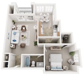 A 3D floor plan of a house with a living room, kitchen, and bathroom.