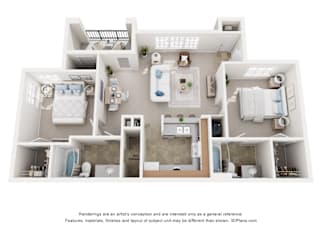 A 3D floor plan of a house with a kitchen, living room, and two bedrooms.