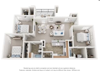 A 3D floor plan of a house with multiple rooms and furniture.