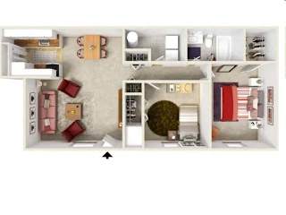 A top-down view of a house interior with a kitchen, living room, and bedrooms.