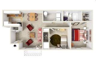 A top-down view of a house layout with a living room, kitchen, and bedrooms.