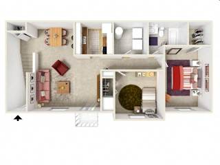 A top down view of a house layout with a living room, kitchen, and bedrooms.