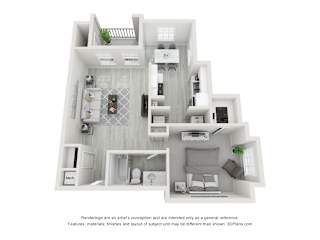 A 3D floor plan of a house with a kitchen, living room, and bathroom.