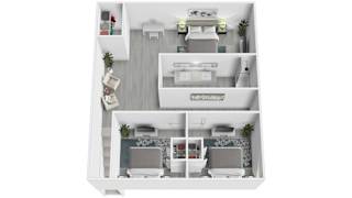 A white dollhouse with furniture and decorations.