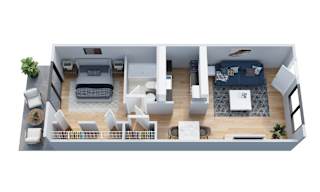 A top-down view of a modern apartment layout with a living room, kitchen, dining area, and bedrooms.