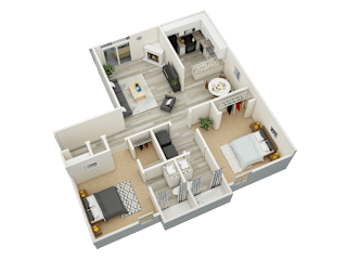 a spacious two bedroom apartment with two bathrooms and a living room with a fireplace and a balcony