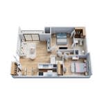 A small apartment with a kitchen, living room, and bedroom.