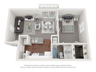A 3D floor plan of a small apartment with a living room, kitchen, and bedroom.