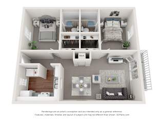 A 3D floor plan of a small apartment with a kitchen, living room, and bedroom.