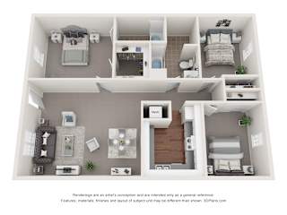 A 3D floor plan of a house with two bedrooms, a living room, a kitchen, and a bathroom.