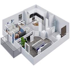 an open floor plan with a bedroom and living room on the first floor and a dining room