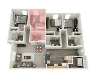 A 3D floor plan of a house with a kitchen, living room, and two bedrooms.