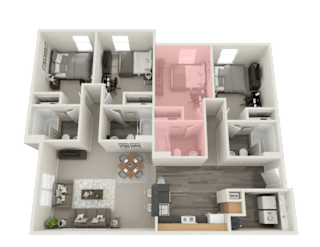 A 3D floor plan of a house with two bedrooms, a living room, a kitchen, and a bathroom.