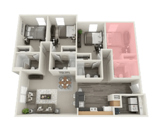 A 3D floor plan of a house with two bedrooms, a living room, a kitchen, and a bathroom.