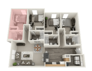 A 3D floor plan of a house with two bedrooms, a living room, a kitchen, and a bathroom.