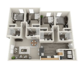 A 3D floor plan of a house with two bedrooms, a living room, a kitchen, and a bathroom.