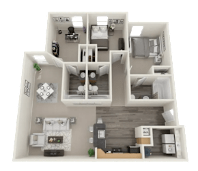 A detailed 3D floor plan of a house layout.