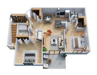 A 3D floor plan of a house showing a living room, kitchen, and bedrooms.