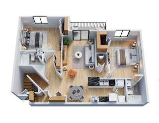 A 3D floor plan of a house with a kitchen, living room, and bathroom.