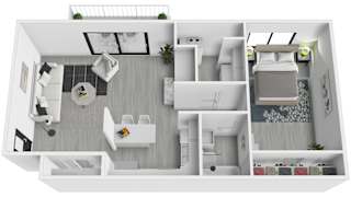 A 3D floor plan of a house with a kitchen, living room, and bedrooms.