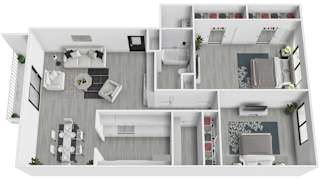 A top-down view of a modern, white-walled apartment with multiple rooms and furniture.
