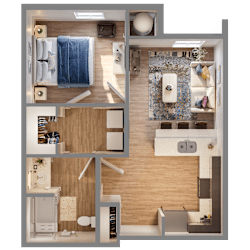 A 3D floor plan of a small apartment with a bedroom, bathroom, kitchen, and living room.