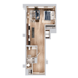 A top-down view of a small apartment with a kitchen, living room, and bathroom.