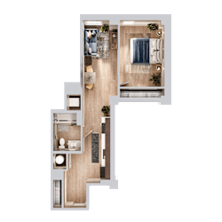 A top-down view of a house layout with a living room, kitchen, and bathroom.