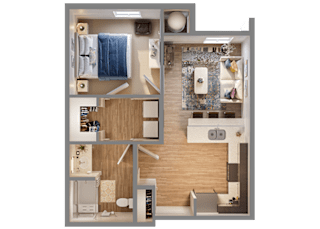 A 3D floor plan of a small apartment with a bedroom, living room, and kitchen.