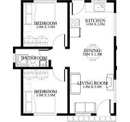 A floor plan of a house with a living room, kitchen, dining room, and two bedrooms.