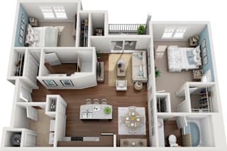 3D floor plan with two bedrooms and open living area at Colony at Centerpointe Apartments, Midlothian, 23114