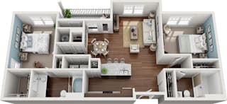3D floor plan with two bedrooms at Colony at Centerpointe Apartments, Midlothian