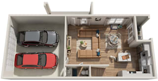 A red car is parked in a garage attached to a house.