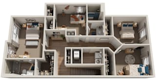 A detailed 3D floor plan of a two-bedroom apartment.