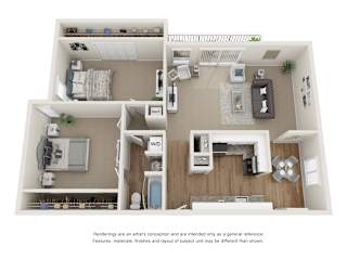 The Rosewood floor plan - 2 bedroom 1 bathroom with 940 square feet at Abby Creek Apartments, California, 95608