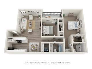 Two bedroom Two bathroom floor plan with 964 square feet. at Rivercrest Apartments, Sacramento California