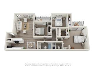 3 Bedroom 2 bathroom floor plan with 1176 square feet at Rivercrest Apartments, Sacramento