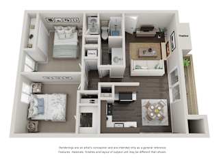 The Maple 2 bedroom 1.5 bathroom Floor Plan with 864 Square Feet at Willow Grove Apartments, California