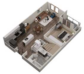 A 3D floor plan of a small apartment with a kitchen, living room, and bedroom.