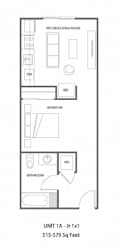 A floor plan of a one-bedroom apartment with a kitchen, bathroom, and living room.