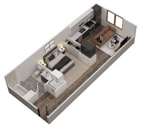 A 3D floor plan of a small apartment with a living room, kitchen, and bathroom.