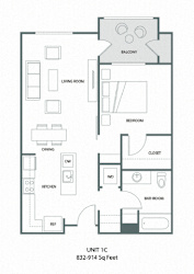 A floor plan of a 1-bedroom apartment with a living room, dining room, kitchen, bathroom, and closet.