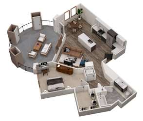 A 3D floor plan of a house with a living room, kitchen, dining room, and bedrooms.