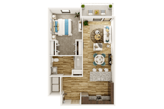 a furnished floor plan of a 1 bedroom apartment