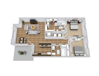 A floor plan of a house with a living room, kitchen, and dining area.